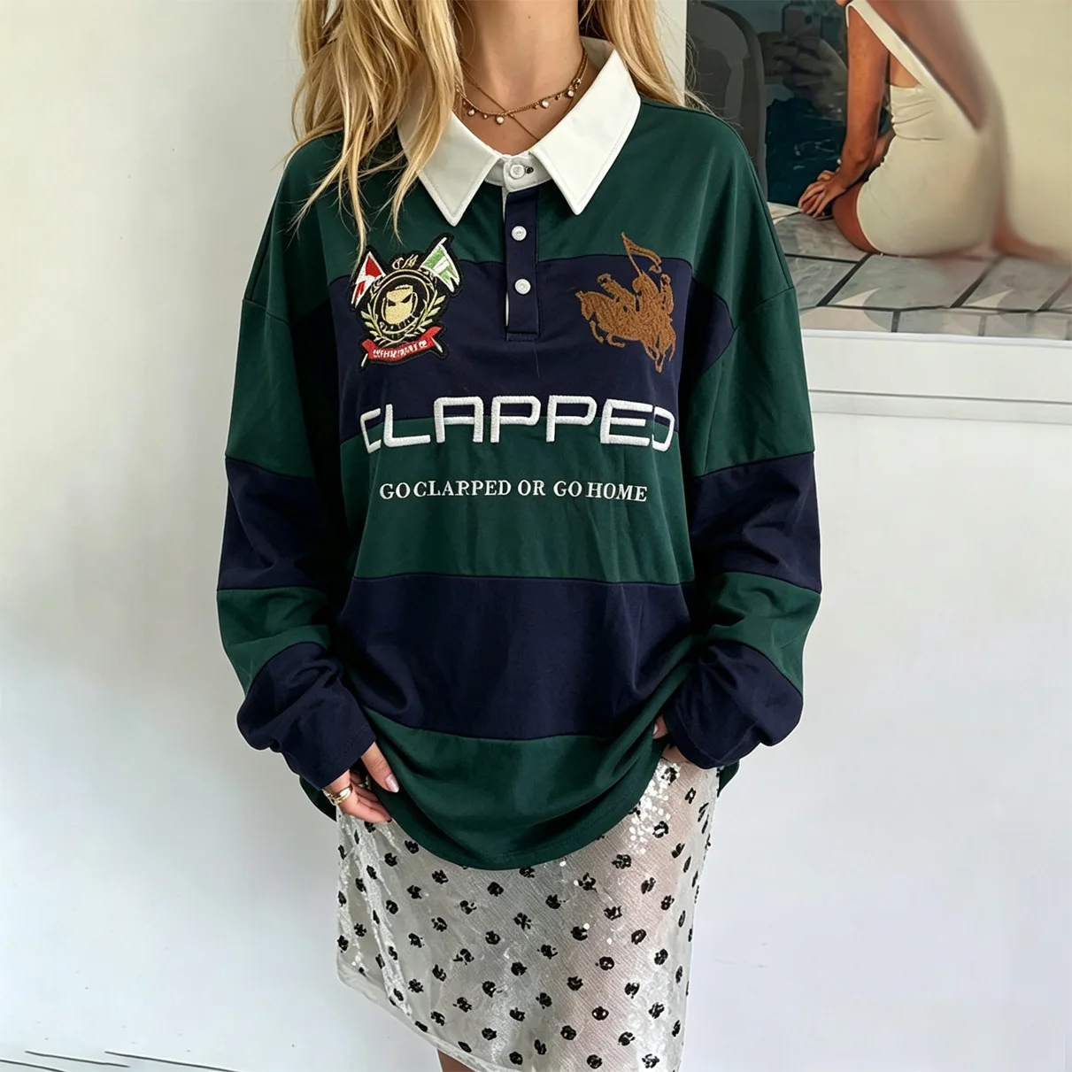American retro high street stripe color matching design Polo neck embroidery pattern long sleeve loose top unisex.