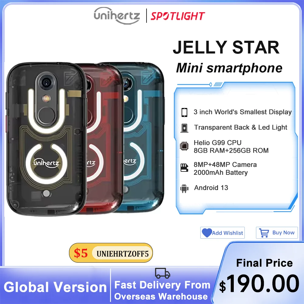 Unihertz Jelly Star Mini Smartphone Android 13 8GB 256GB lumière LED débloqué coque arrière transparente téléphones portables 48MP 3 pouces téléphone