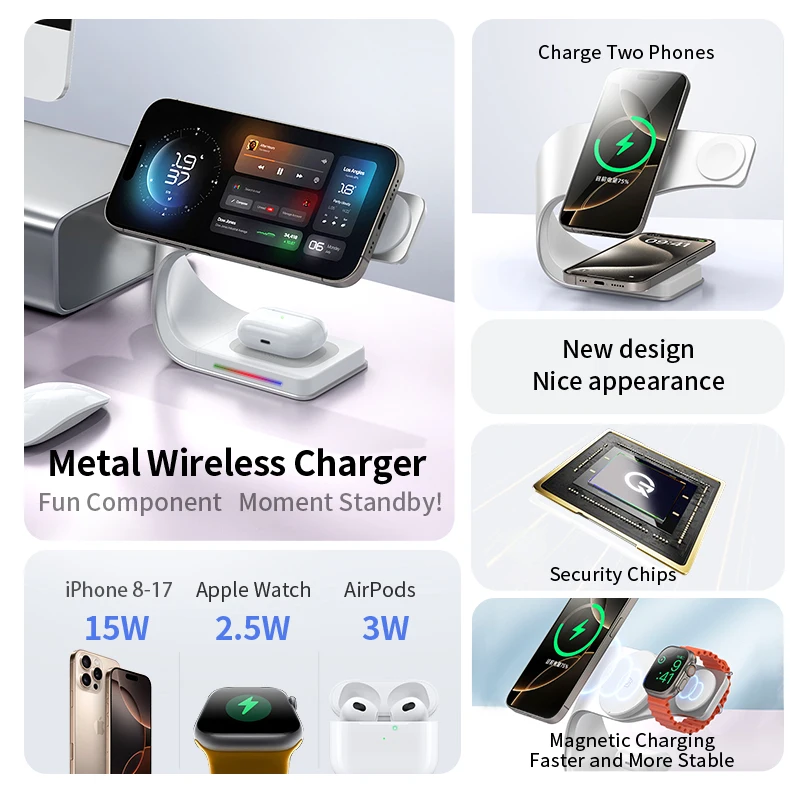 Metal Shell 4 in 1 Wireless Charger for iPhone 16 15 14 13 12 Magnetic Fast Charging Station Stand Dock for Apple Airpods Watch - view 3