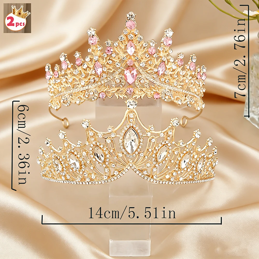 2Pcs Exquisite Vintage Baroque Gold Tiara Set Pink Clear Crystal Crowns Luxurious Bridal Headwear Weddings Proms Quinceañeras view 6
