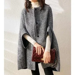 Korean Women Thick Wool Coats Round Neck Casual Full Sleeve Plaid Mid Length Cardigan Blends Open Stitch Autumn Winter 2023