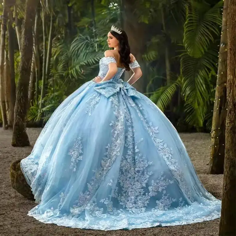 Vestido De quinceañera azul cielo personalizado, vestido De baile De encaje, princesa dulce 15 16 años, apliques De lujo con lazo grande, Vestidos De 15 Anos