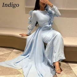 Indigo Evening Dresses O Neck Ruffles Floor-Length Women Elegant Formal Party Dress Vestidos Para Mujer فساتين طويلة Customized