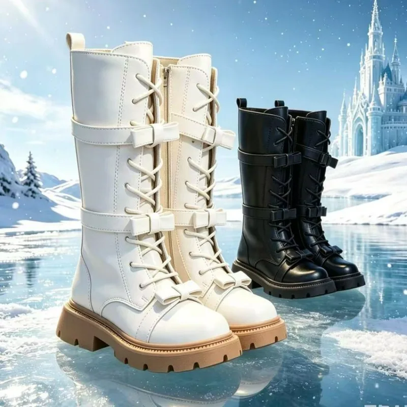 Girls White Lace-Up Boots Booties Side Zipper Soft Bottom Leather Dress/School Riding Boot Kids Autumn/Winter Fashion Mid Boots