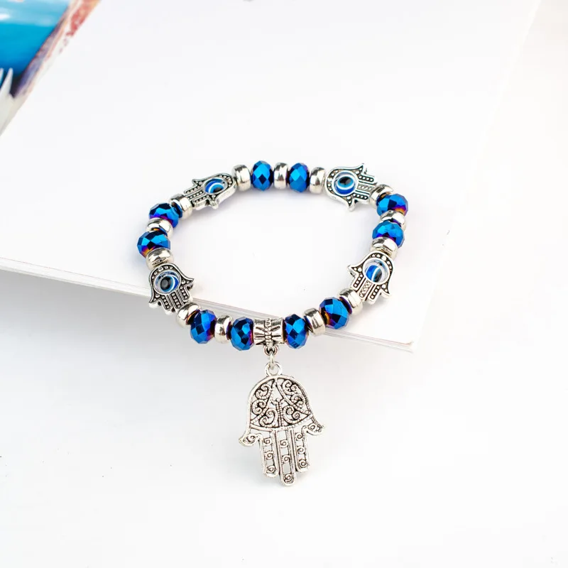 Blue Evil Eye Bracelet Hand of Turkey Thousand Palm Eyes Wish Handmade Women's Bead Bangle Elastic Bracelets