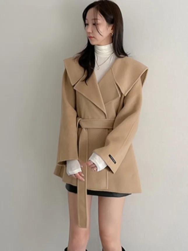 Mantel Wol Musim Gugur Musim Dingin Wanita Modis Elegan Kerah Besar Ukuran Kecil Rompi Berikat Pinggang Kerah Biru Dongker Dasi Mantel Dr