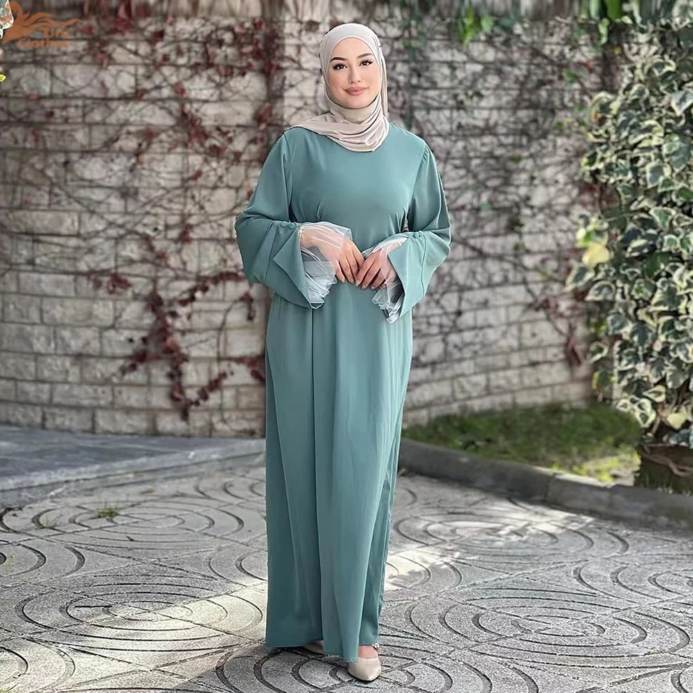 2025 Ramadan Abiti da donna musulmani modesti Elegante abito Abaya arabo con cintura sul retro con maniche in pizzo Abito lungo svasato islamico