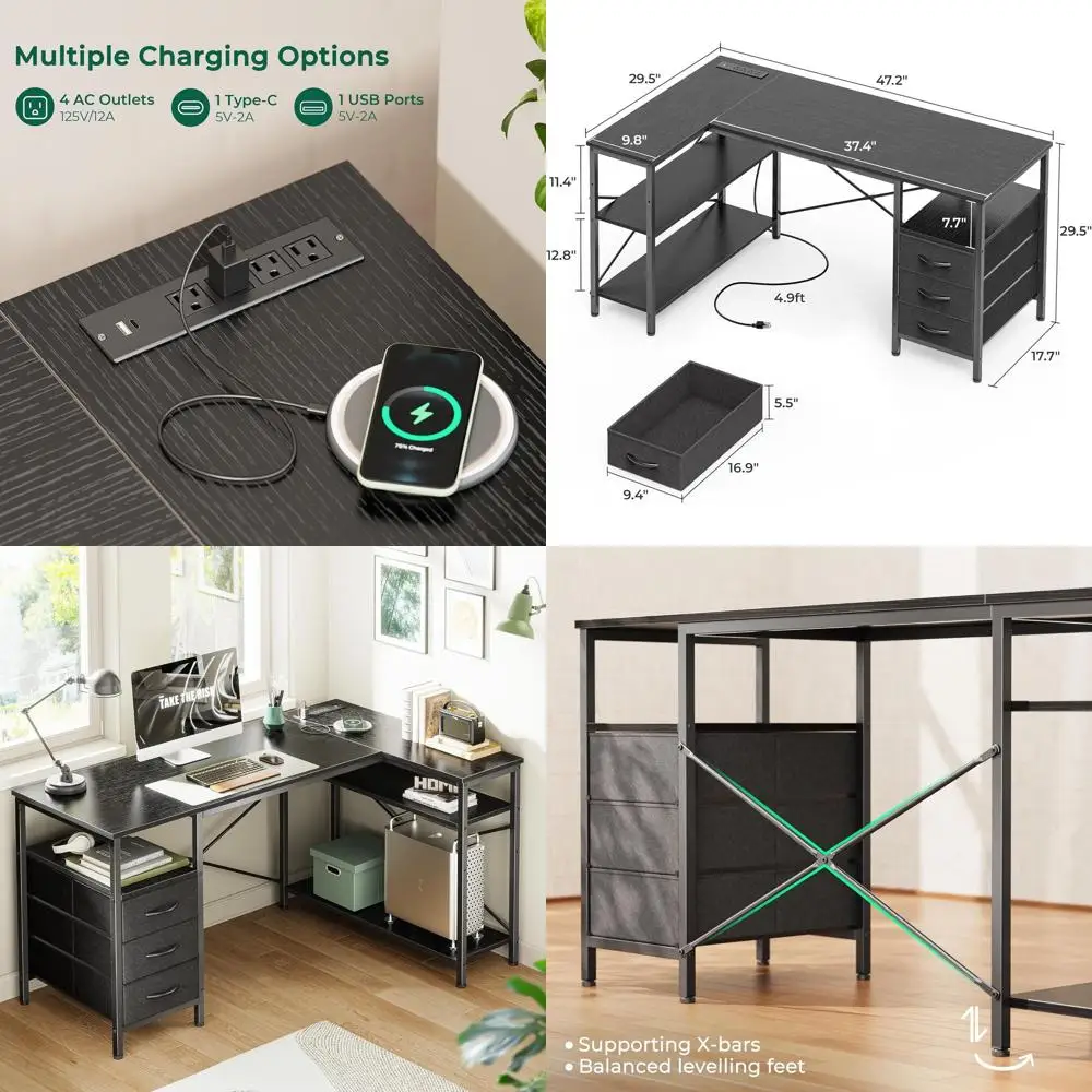 

47 L-Shaped Desk, 3 Drawers, Shelves, Power Outlets, Ideal for Gaming, Work, Home Office, Study, Black