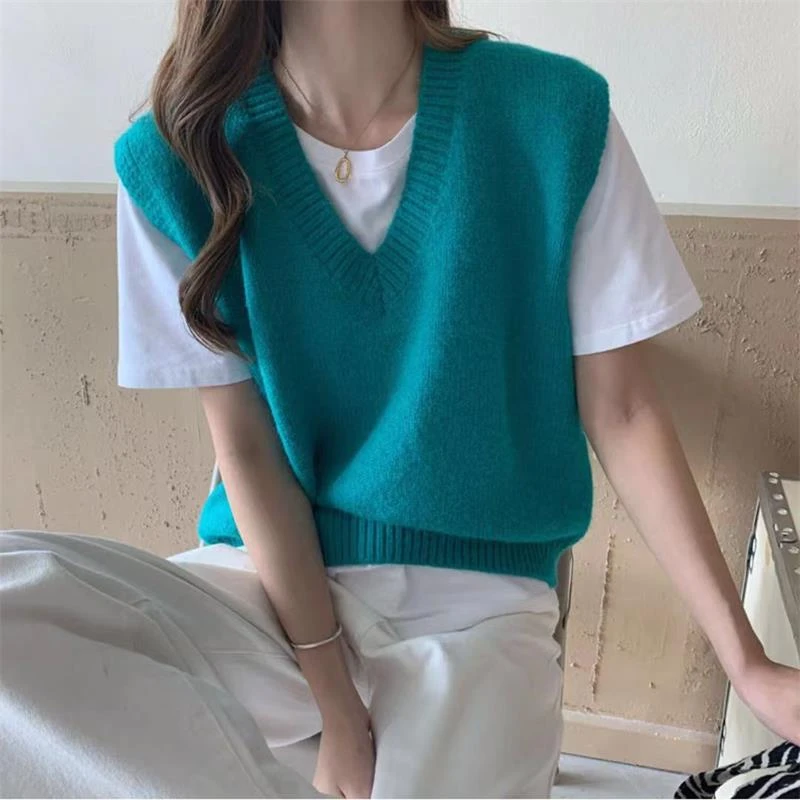 Sweater Vest Women Autumn Spring V-neck Sleeveless Casual Loose Knitted Solid Simple All-match Fashion Korean Style Females Tops