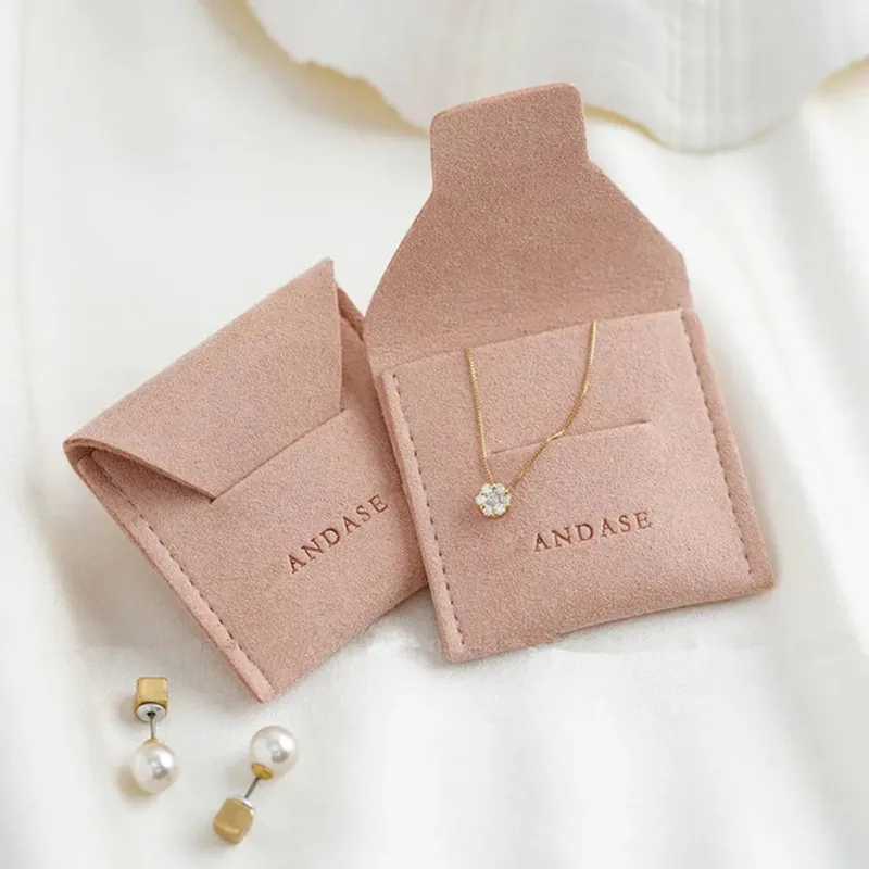 50pcs Custom Logo Printed Small Envelope Flap Microfiber Gift Bag Jewelry Pouch Suede Packaging Organizer Bags for Ring Necklace