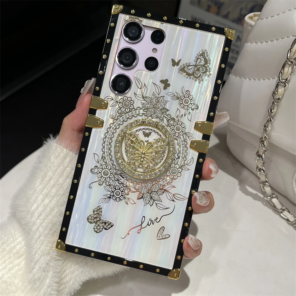 3D Diamond Flower Butterfly Stand Phone Case for Samsung Galaxy S24 Ultra S23 S22 S21 Plus A53 A73 A54 A34 Aurora Colorful Cover