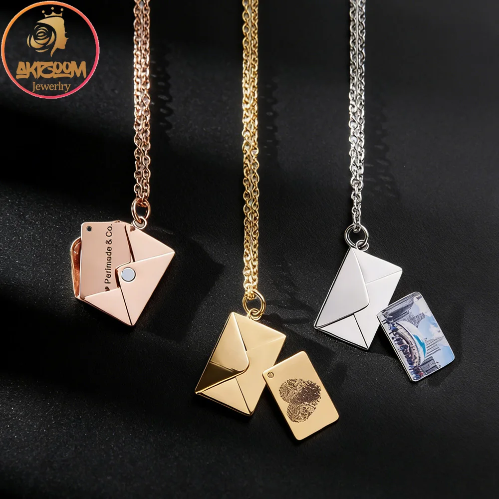 

Custom Color Photo Envelope Necklace Stainless Steel Engrave Picture Text Necklace For Women Couple Jewelry Anniversary Gift