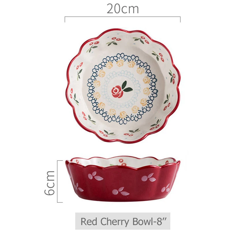 7.8 Inch Red Cherry Baked Bowl Ceramic Salad Mixing Bowl Pasta Oatmeal Bowl Pudding Backing Bowl Microwave Safe Dinnerware