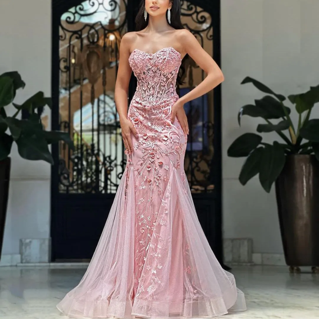 

Pink Mermaid Evening Dresses Sleeveless V Neck Sequins Strapless Beaded 3D Lace Flowers Train Zipper Prom Dresses Custom Made