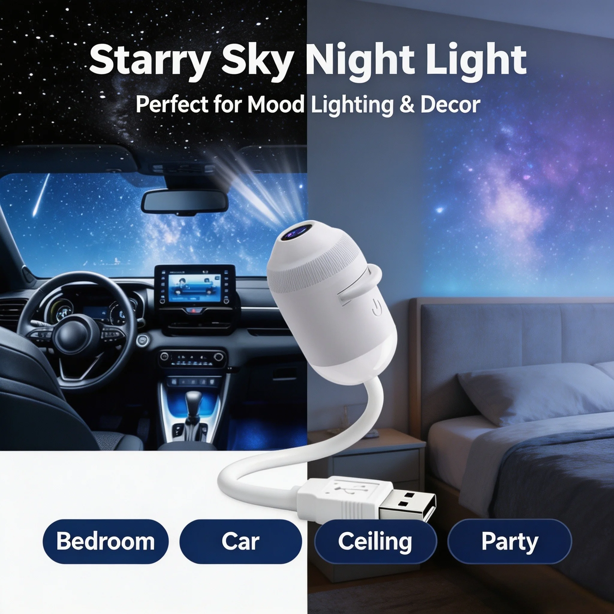 Portable 2 in 1 USB Starry Sky Projector Night Light HD Slides Nebula Aurora Ambient Mood Lamp for Bedroom Car Decor