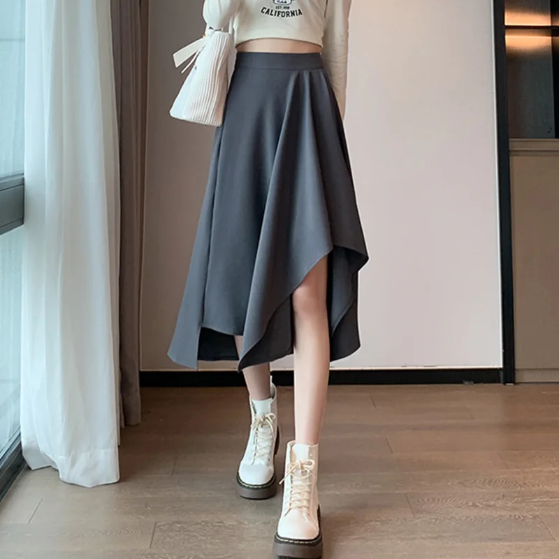 Moda Gonne irregolari nere Donna Autunno Inverno Coreano Gonne larghe a vita alta per donna Gonna a metà polpaccio con cerniera femminile