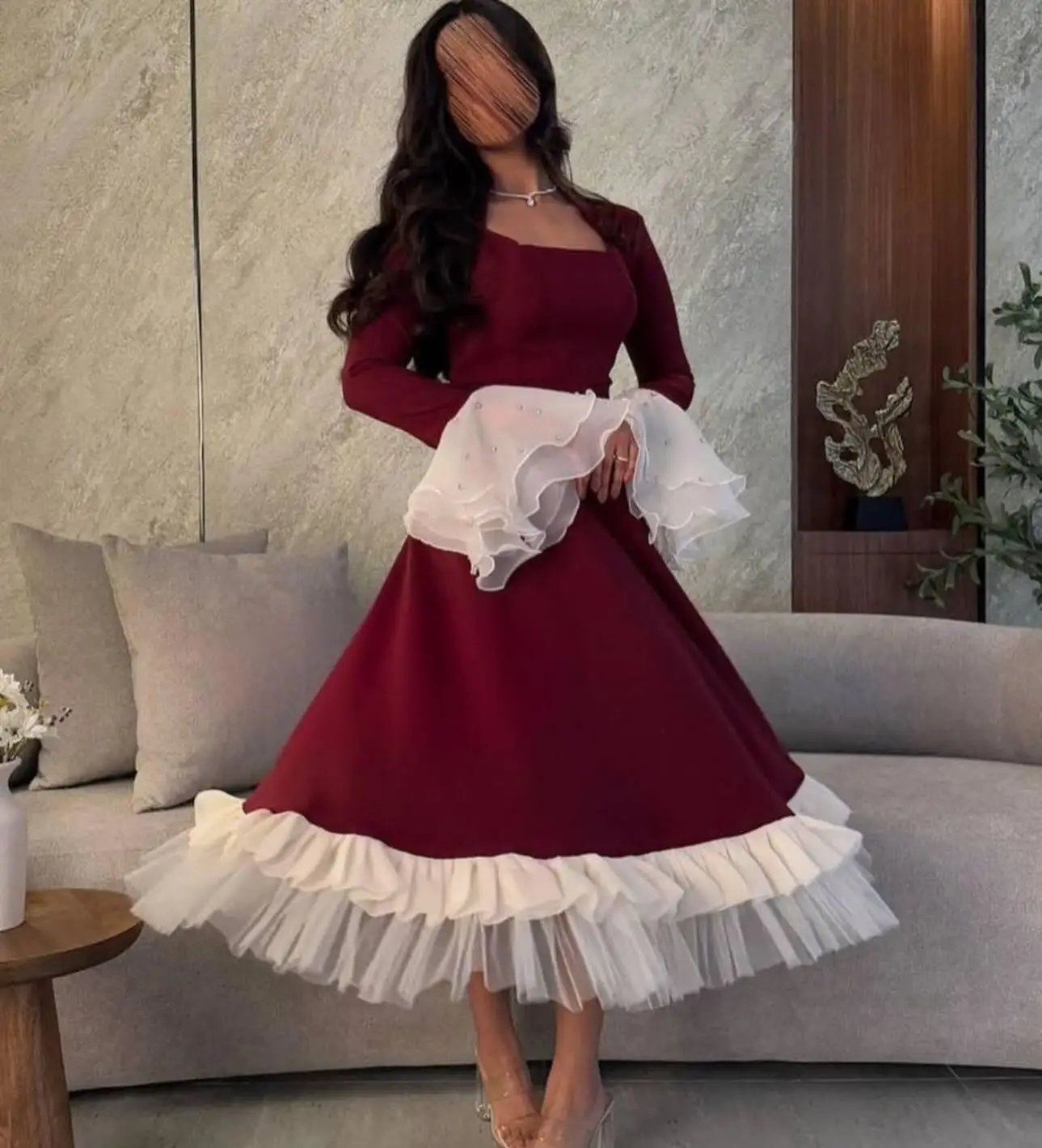 

Burgundy A Line Evening Dresses for Women Square Neck Beads Prom Gowns Long Sleeves Tea Length Customized Tea Parties Dress