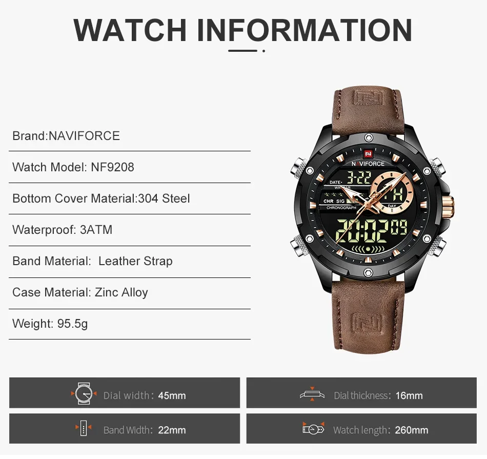 NAVIFORCE NF9208 Digital Men Military Watch Waterproof Wristwatch LED Quartz Clock Sport Big Watches