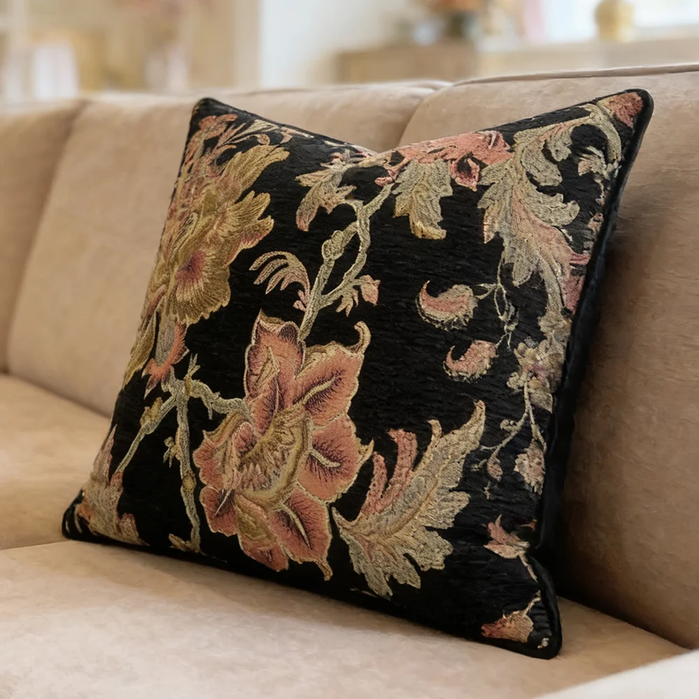 Vintage European Style Floral Soft Chenille Decorative Black Pillow Cover 45x45cm 1 Piece Pack