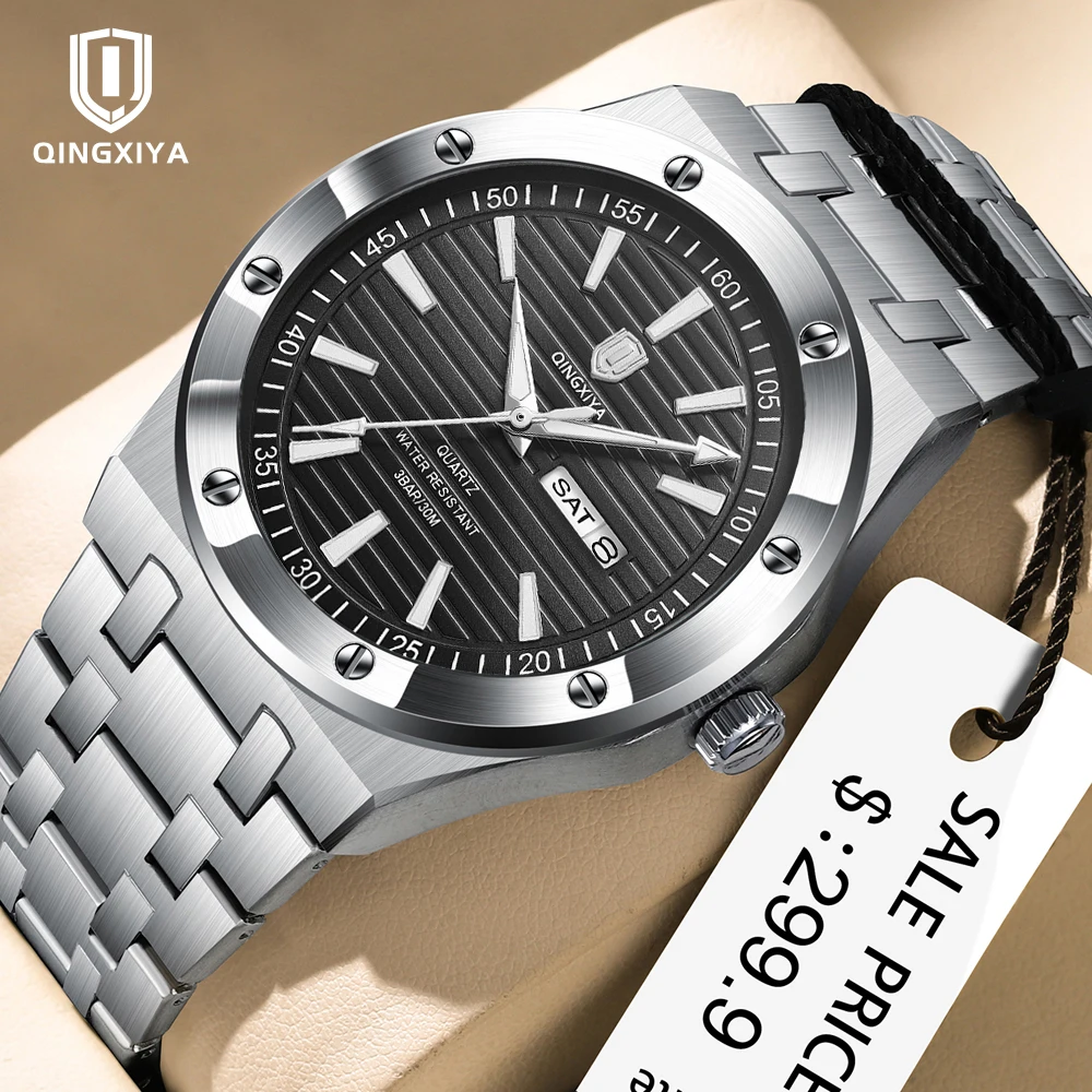 

QINGXIYA Роскошные модные мужские часы, водонепроницаемые светящиеся спортивные мужские наручные часы с датой недели, мужские кварцевые часы из нержавеющей стали Reloj