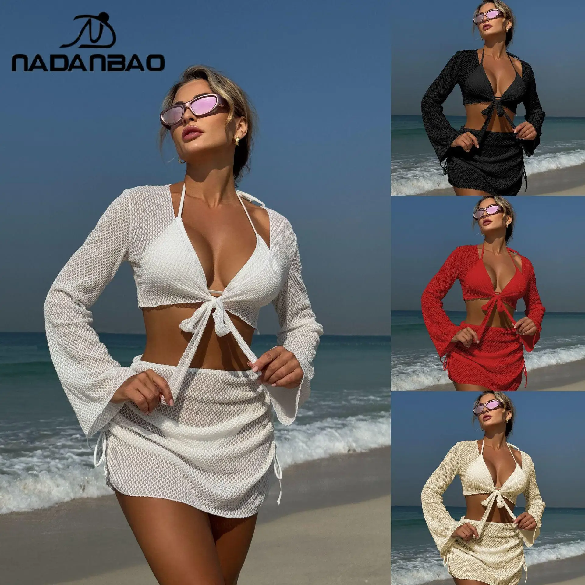 

Nadanbao Sexy High Waist Bikini Women Summer Holiday Beach Vacation Swimwear Long Sleeved Hollow Mesh Four-Piece Split Swimsuit
