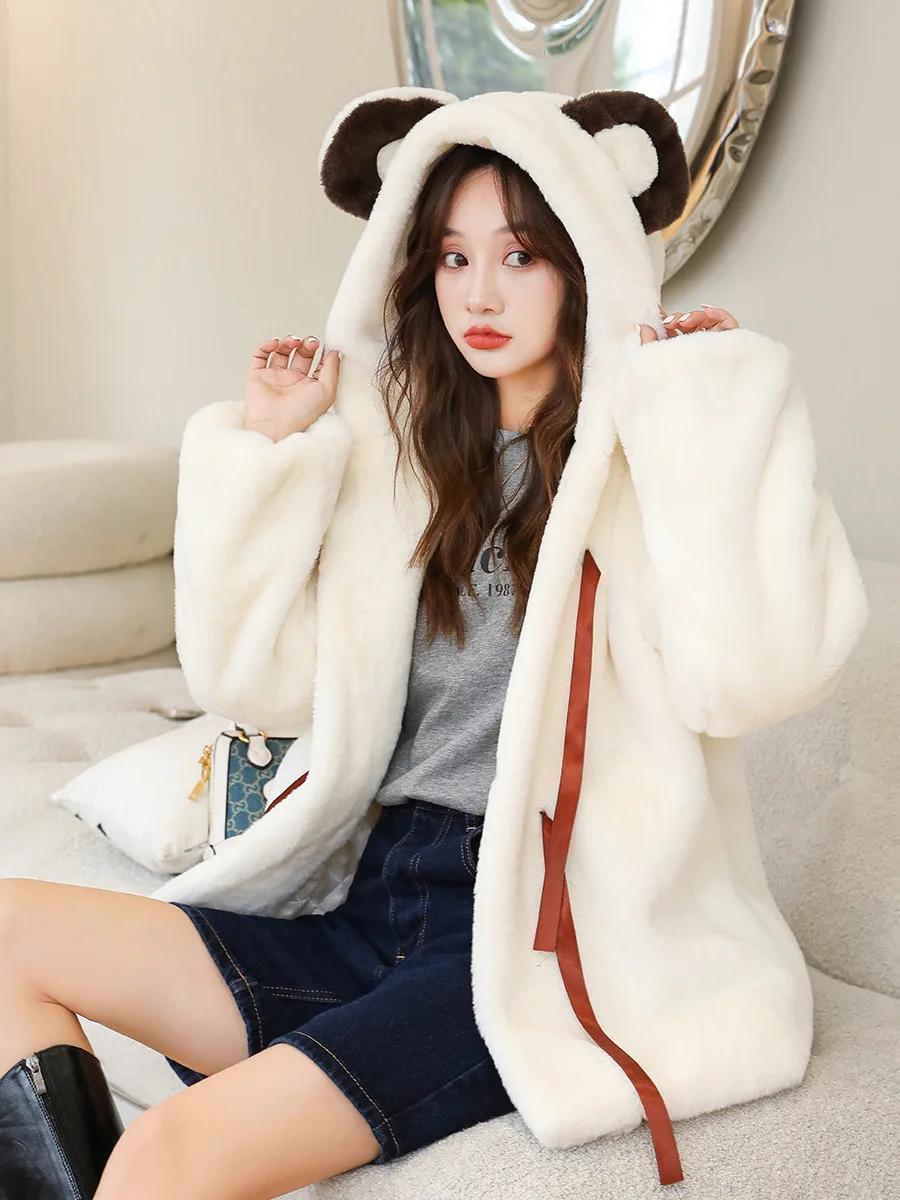 2024New Bear Style Winter Lovely Plush Coat femminile Kawaii Bear Ears spessa con cappuccio Soft Fluffy Faux Rabbit imitazione pelliccia Lolita