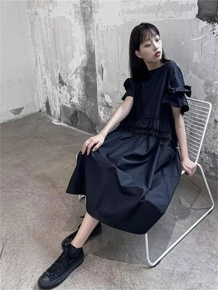 

Ladies Dress Summer New Pleated Round Collar Auric Edge Fashion Trend Leisure Loose Large Size Skirt