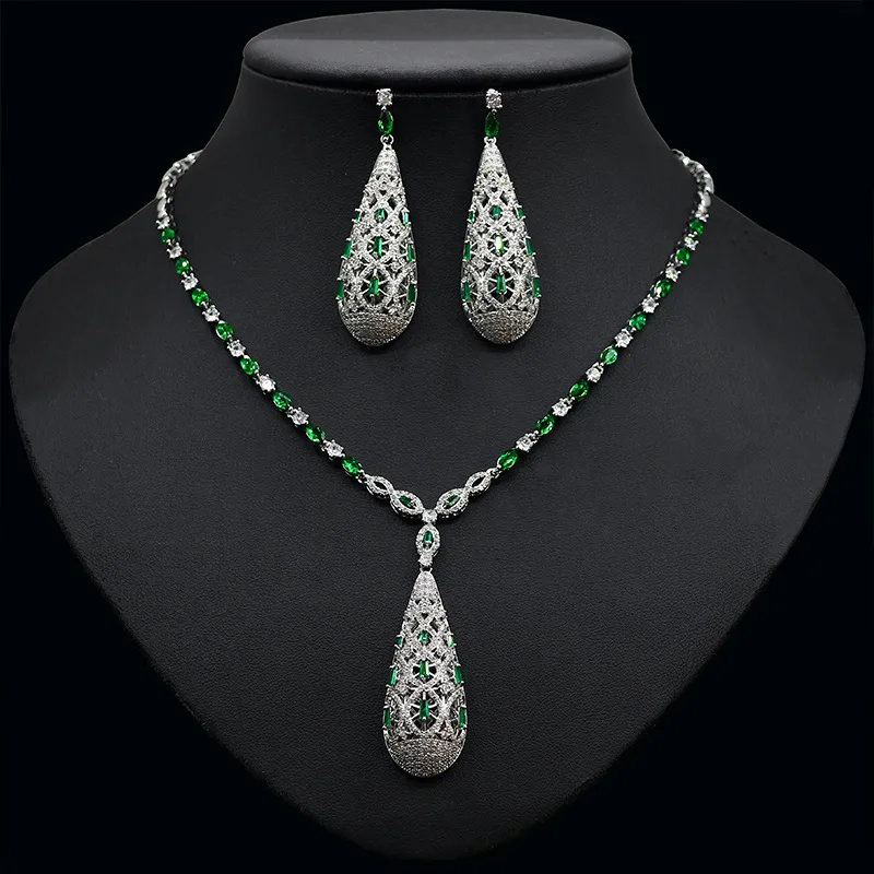 

New Style Full Micro Pave CZ Crystal 2PCS Women Bridal Jewelry Sets Long Necklace And Earring Set Party Gifts