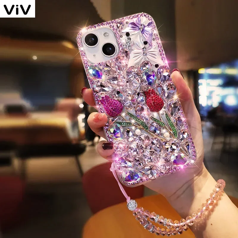 Luxury Glittering Diamond Phone Case + Clear Rhinestone Gir's Rose Case For iPhone 11 14 Pro Max12 13 Pro Max 15 viv