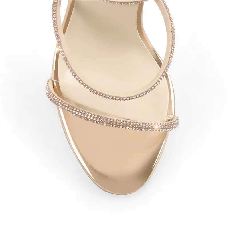 Onlymaker Summer Open Toe Thin High Heels Rhinestone Strappy Band Large Size Peep Toe Gold Color Women Sandals