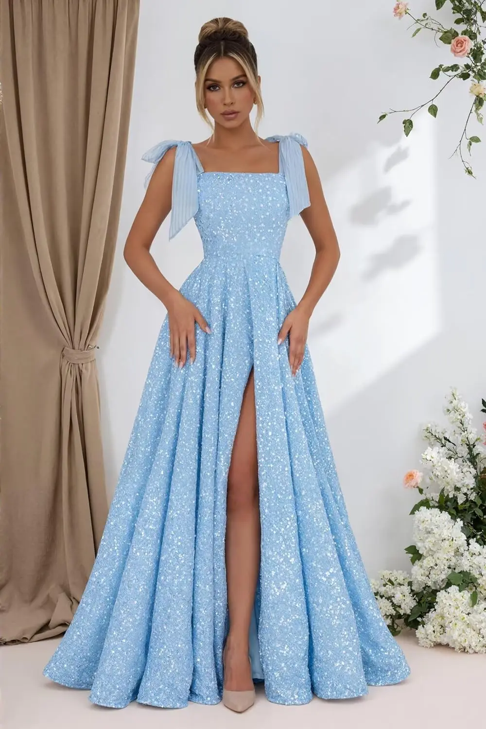 

Women Long A Line Sparkly Sequin Prom Dresses for Teens with Bow Spaghetti Strap Evening Dress Formal Party Gowns with Slit