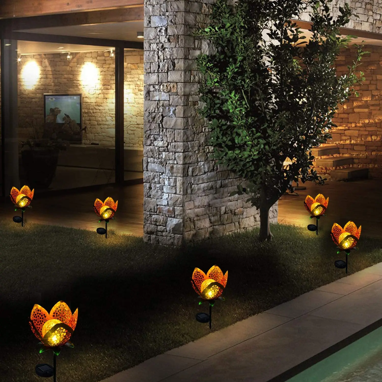 Hot Selling Solar Powered LED Crackle Glass Ball Flower Lantern for Pathway Decorative Lighting with IP65 Rating