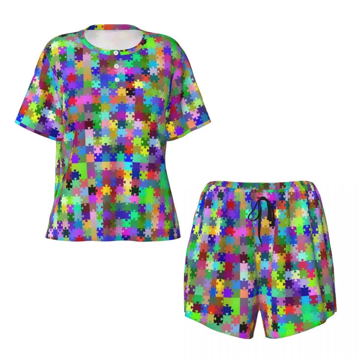 Pyjama à Manches Courtes pour Femme, Imprimé Personnalisé, Sensibilisation au Sensibilisation au Sisme, Puzzle, Ensemble 2 Pièces, Vêtements de Nuit, Ensembles de Salon