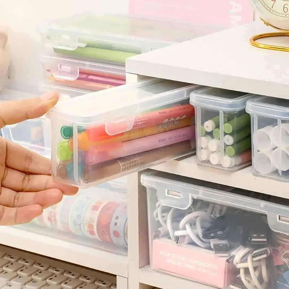 Boîte à Crayons Multifonctionnelle en Plastique Transparent à Boucles, Rangement de Bureau, Empilable, Simple, pour Stylos, Brosses