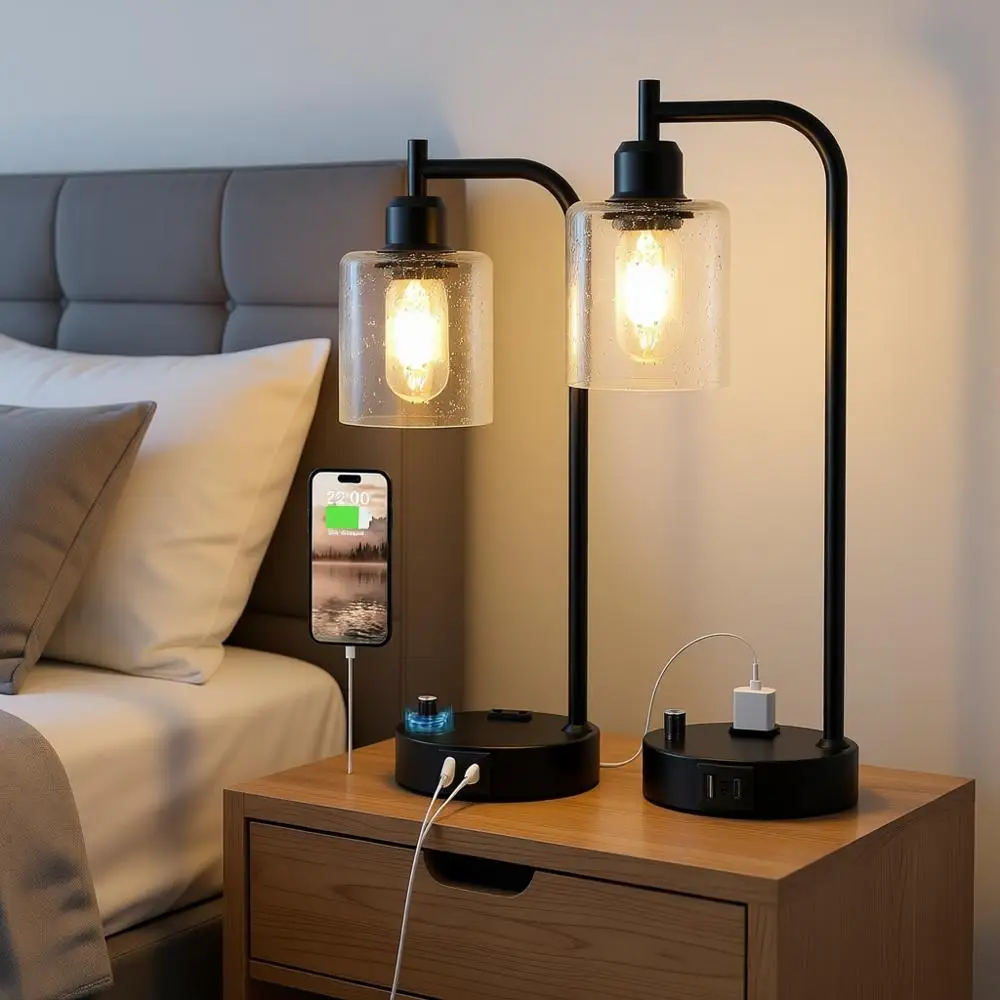 

Диммируемые прикроватные лампы с USB-портами и розеткой, черные настольные лампы со стеклянным абажуром, подходят для гостиной, настольные лампы