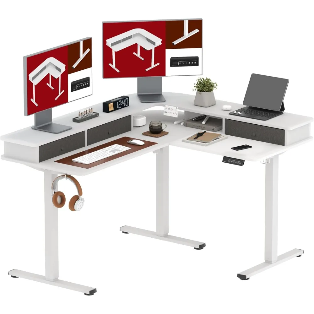 

Computer Desks, 55" L Shaped Standing Desk with 3 Drawers, Height Adjustable Stand Up Desk, Corner Gaming Desk, Computer Desks