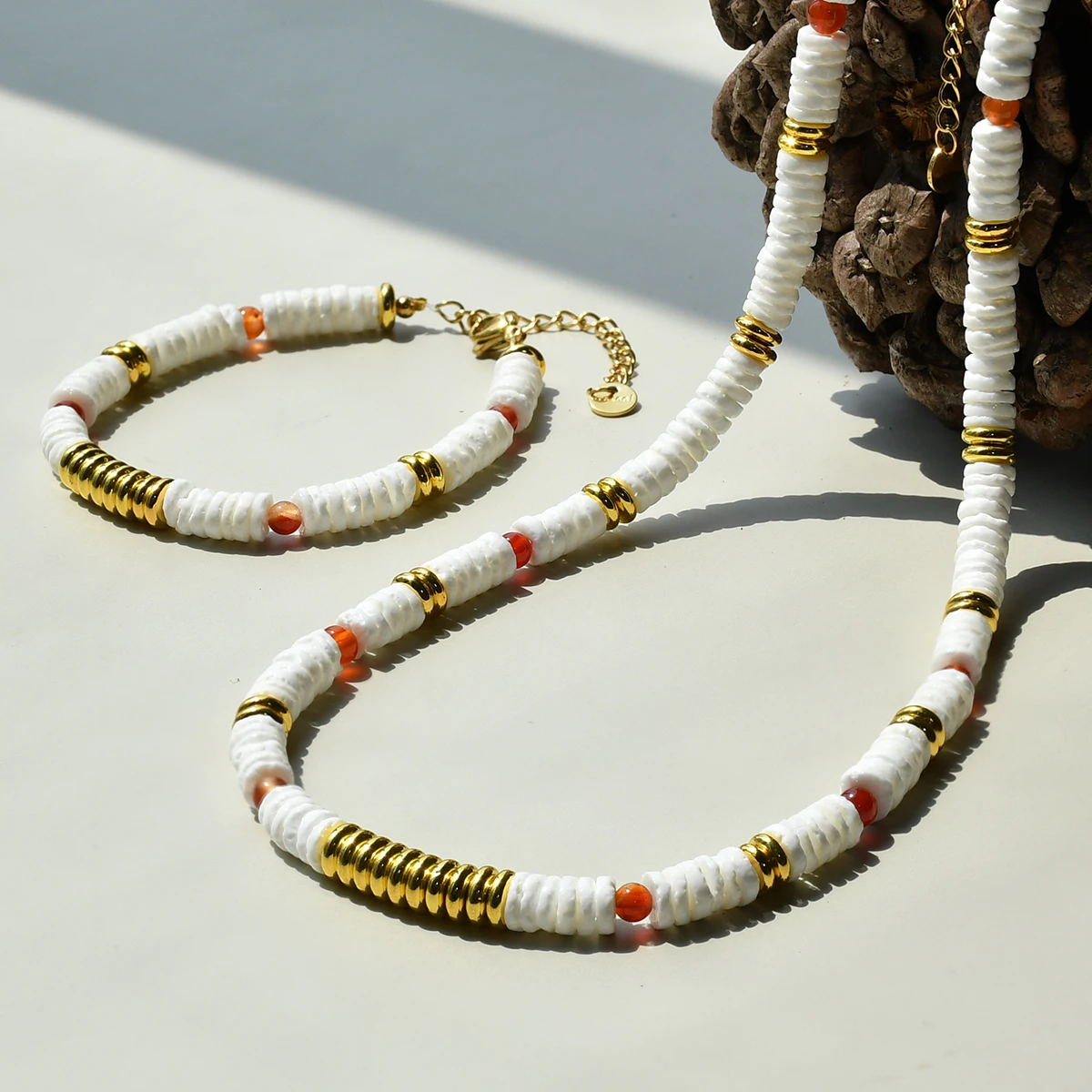 Natural Stone Red Agate 6mm White Shell Necklace Bracelet Set Boho Women\'s Fresh And Simple Jewelry Accessories
