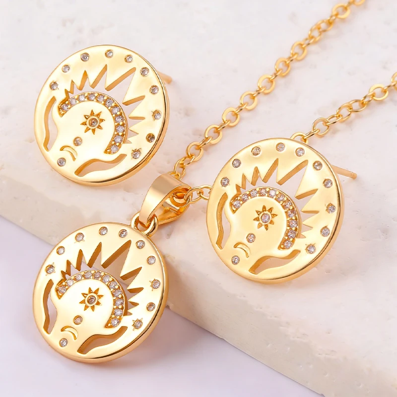 Gold-Plated Taurus Zodiac Zircon Jewelry Set Constellation Round Plate Stud Earrings & Pendant Necklace 2-Piece Set Fashion Women's Jewelry