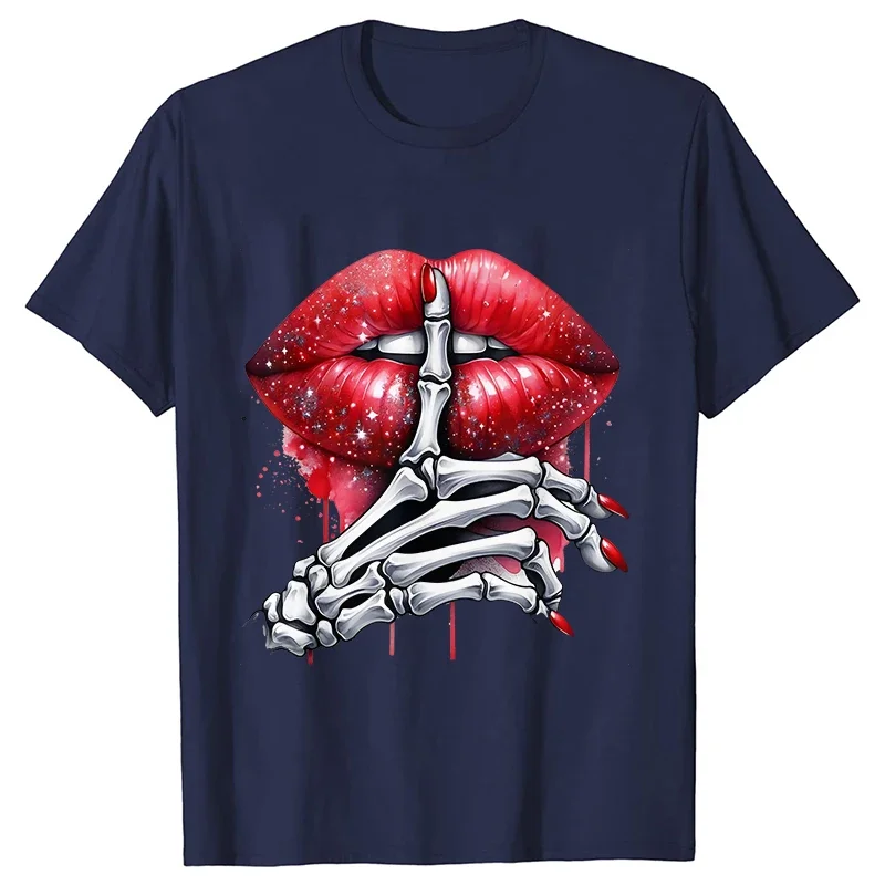 Funny Red Lips Skeleton Hand Print Female T-Shirt Casual Short Sleeve Tops Casual Graphic Clothing Streetwear Ladies Y2k Clothes image 3