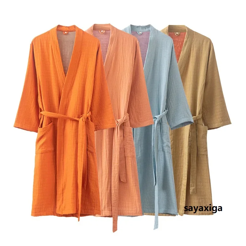 Spring Summer Pure Cotton Double Layer Gauze Bathrobe Thin Dyed Fabric Home Clothing Couples Japanese Style Kimono Robe Pajamas