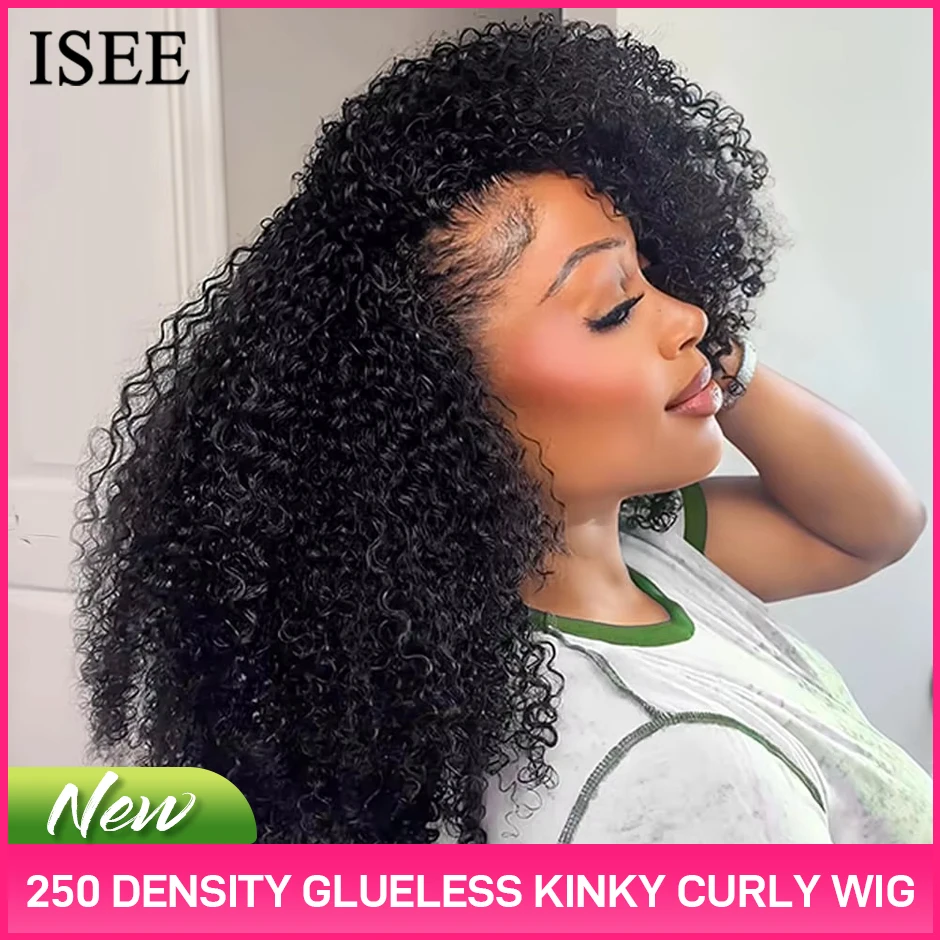ISEE Hair Kinky Curly Half Wig Human Hair 250 Density Glueless Wear and Go Headband 3 In 1 Drawstring Seamless Flip Over Wig