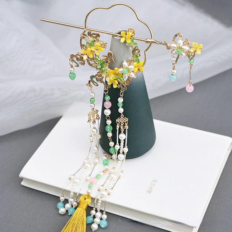 Full Set of Jade Rabbit Osmanthus Tassel Hairpin, Chinese hair sticks sets