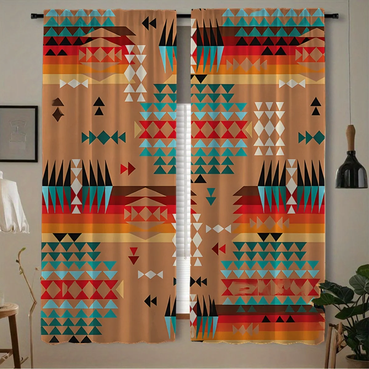 Soft Ethnic Aztec Triangle Blackout Rod Pocket Curtain Multicolor Geometric Pattern Decor Boho Homestay Living Rest Bay Window