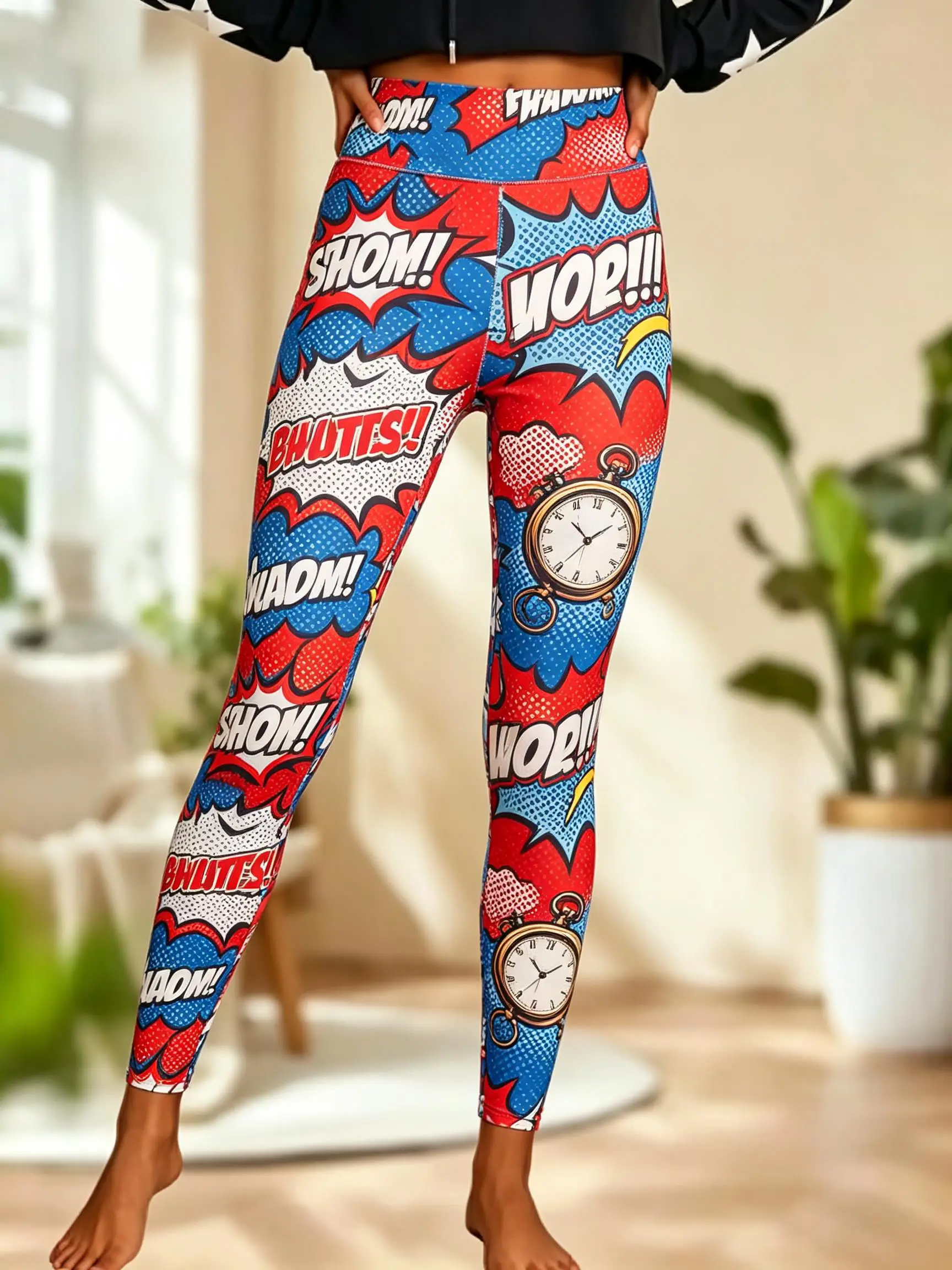 Women Halloween Fleece Mid‑Rise Leggings Retro Comic Pocket Watch Speech Bubble Full Print Stretch Slim Pants