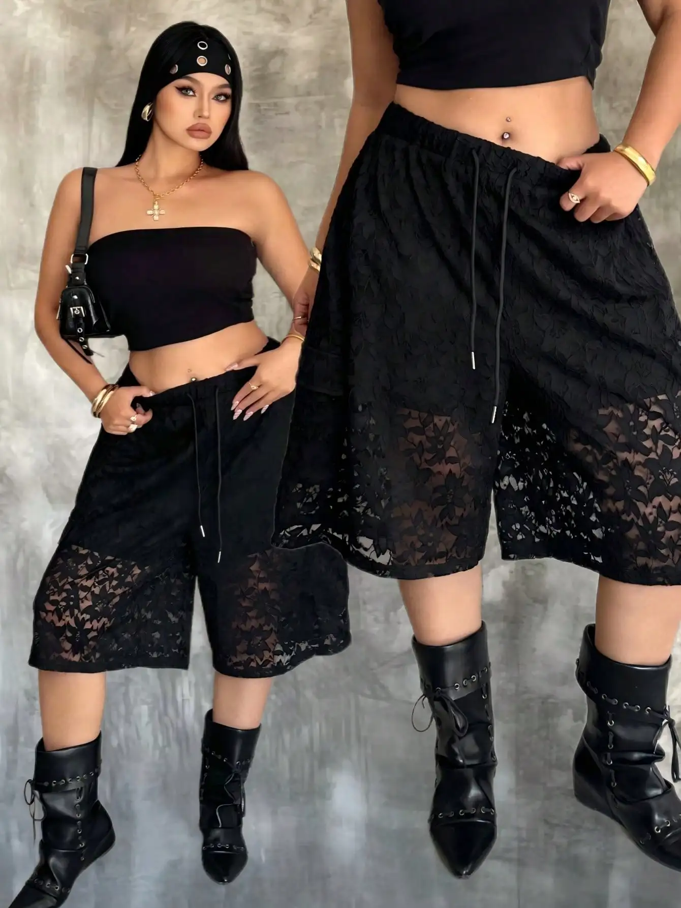 Plus Size Women Lace Cargo Bermuda Shorts,Summer Elastic Drawstring Waist Hollow Out Floral Lace Knee Length Shorts,Y2K Streetwe