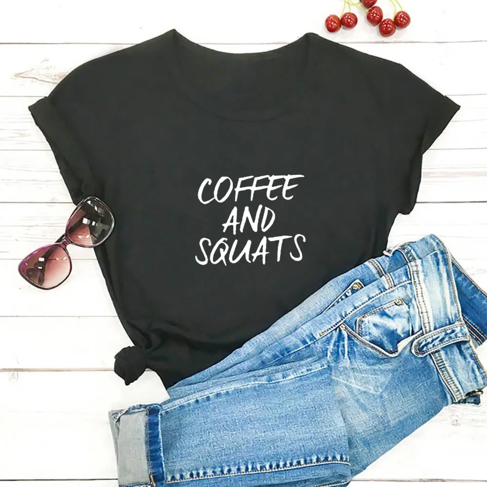 

Women Black White Letters Graphic Tee COFFEE AND SQUATS T-shirt Summer Leisure Wild Short Sleeve T Shirt