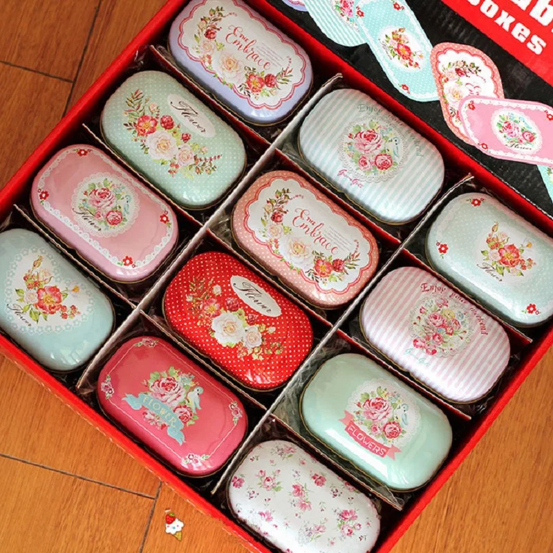 Portable Vintage Flower Pattern Inner Sub-Grid Pill Container Jewelry Storage Tin Box Small Coin Earrings Candy Organizer Case