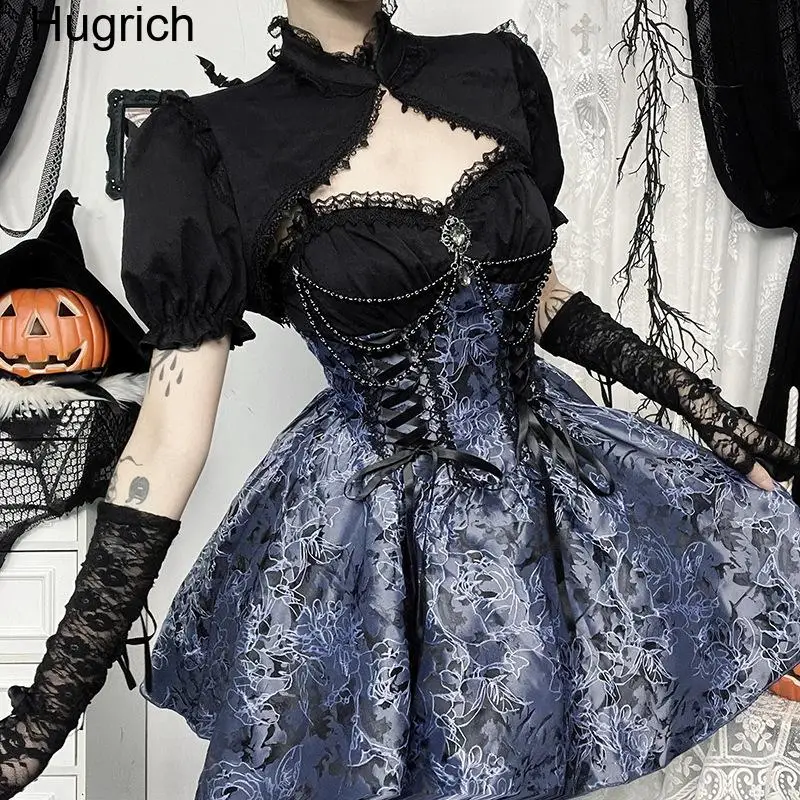 Gothic Lolita 2-teiliges Outfit für Damen, viktorianisches Korsett-Minikleid mit Spitzen-Stehkragen, Puffärmel-Bolero, dunkel