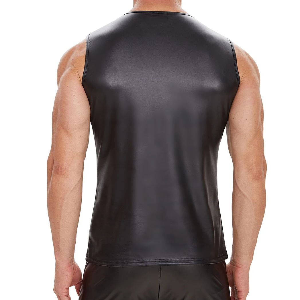 Shiny Faux Leather Men's Tank Tops Sexy V-neck Lace-up Vest Slim Fit Sleeveless T-Shirts Party Stage Clubwear Plus Size S-7XL
