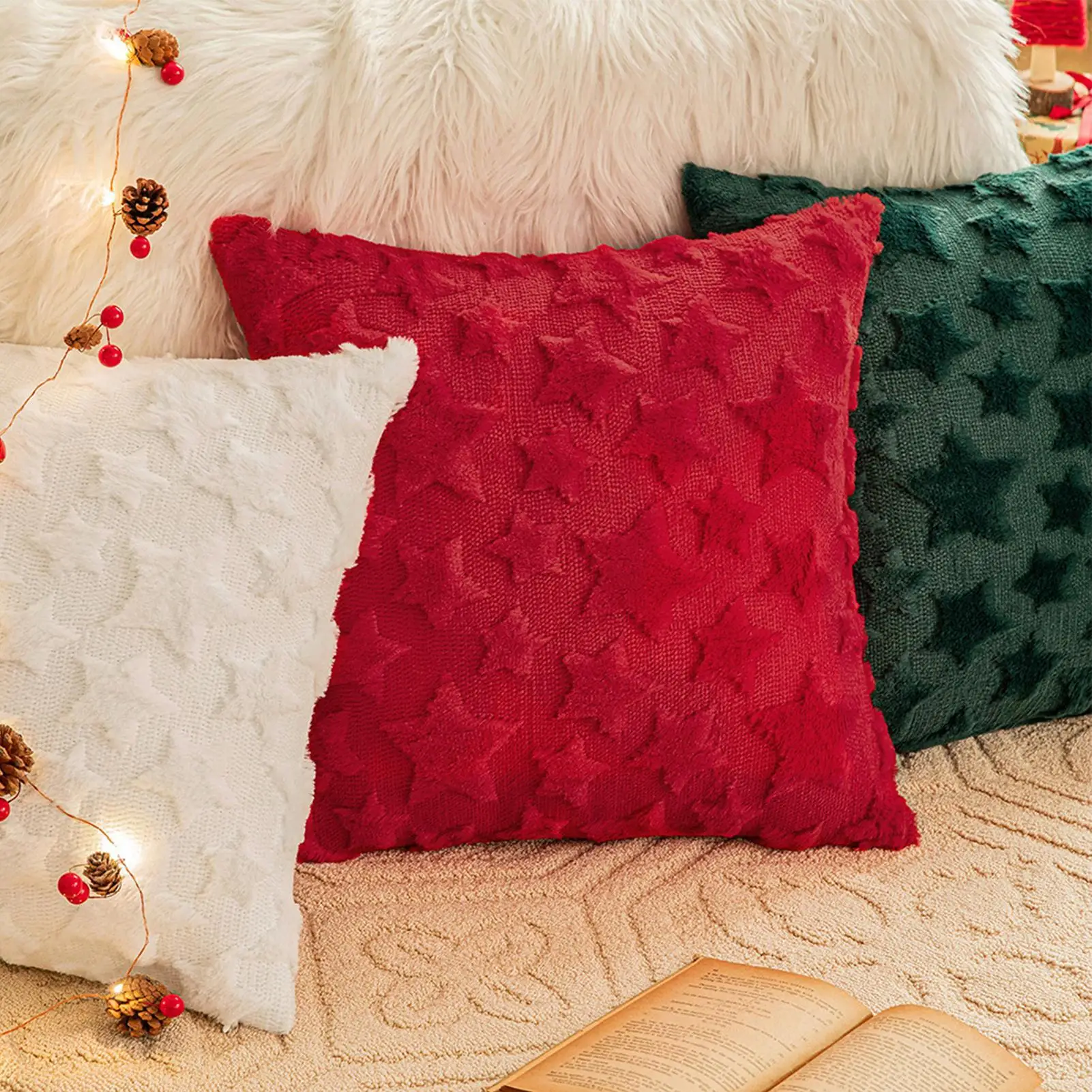 Christmas Pillow Covers 18x18 Inch Plush Christmas Star Embroidery Protector Cushion Covers For Home Bedroom Couch Sofa Bed Car